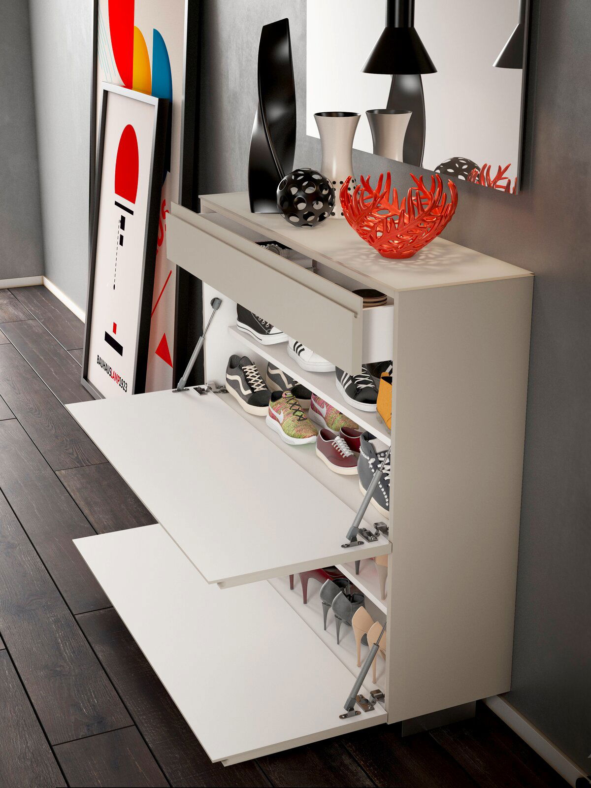 Moderner Hängeschuhschrank mit zwei offenen Klappen, gefüllt mit verschiedenen Schuhen, seitliche Perspektive.