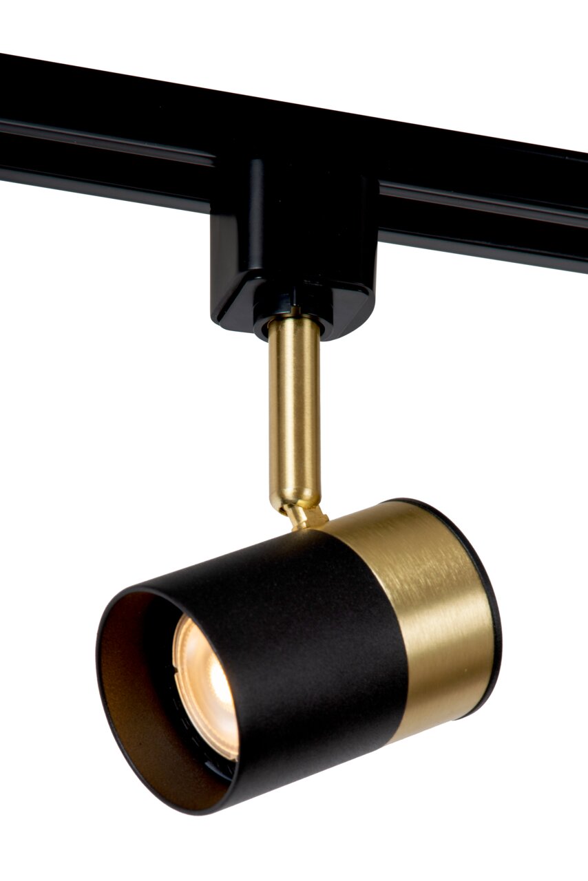 Schwarzer und goldener Strahler FLORIS von Lucide Leuchten, seitliche Perspektive