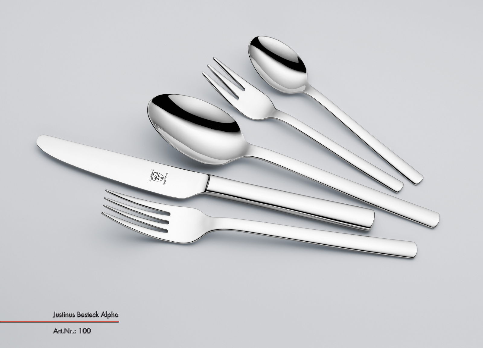 Set aus glänzendem Edelstahlbesteck, bestehend aus Messer, Gabel, Löffel, Dessertgabel und Teelöffel, in schräger Draufsicht.