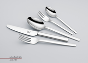 Set aus glänzendem Edelstahlbesteck, bestehend aus Messer, Gabel, Löffel, Dessertgabel und Teelöffel, in schräger Draufsicht.