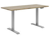 Moderner E-Schreibtisch mit Holzplatte und silbernem Metallgestell, seitliche Perspektive