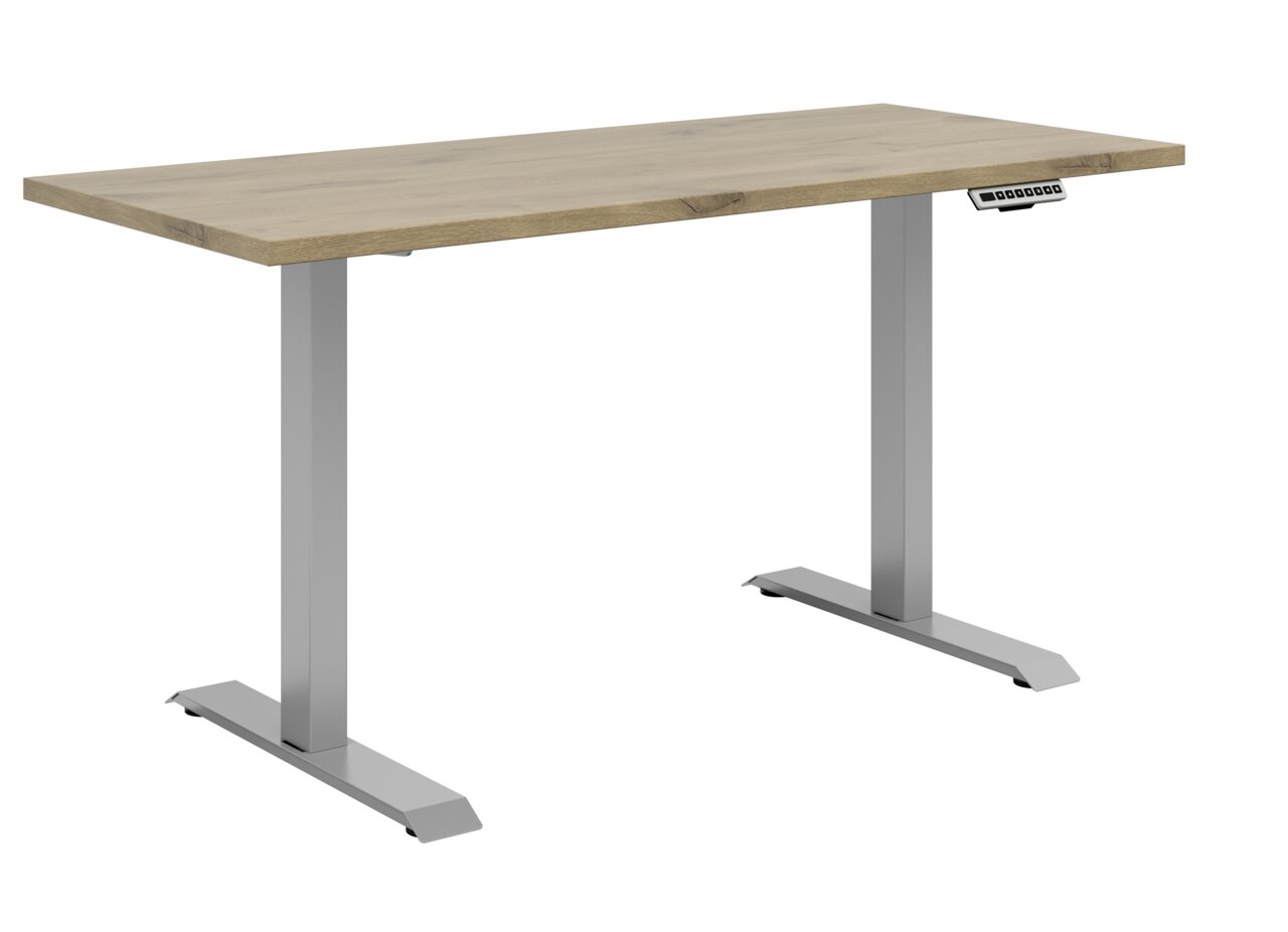 Moderner E-Schreibtisch mit Holzplatte und silbernem Metallgestell, seitliche Perspektive