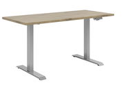 Moderner E-Schreibtisch mit Holzplatte und silbernem Metallgestell, seitliche Perspektive