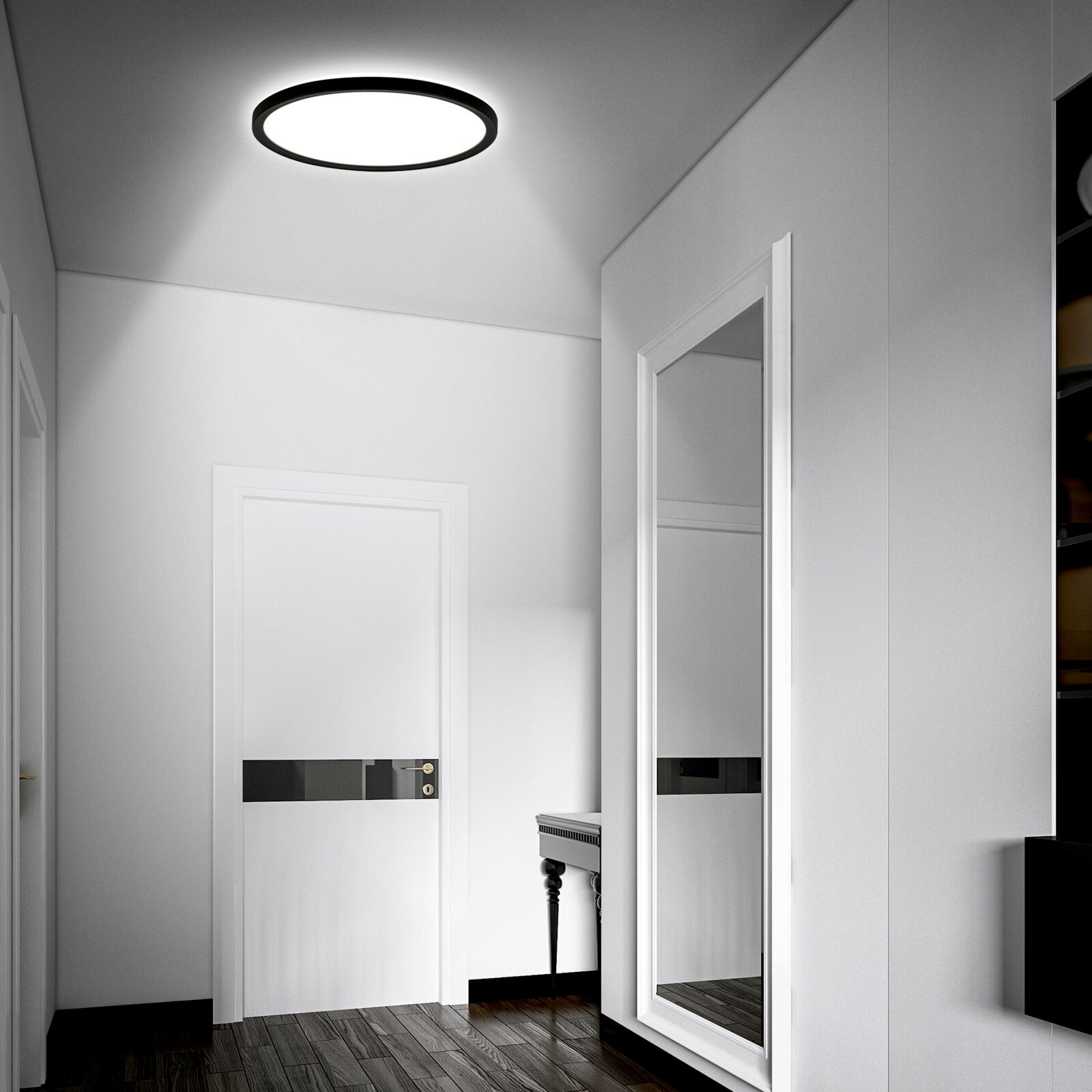 Moderne led-plafondlamp met bewegingssensor, van onderaf gezien, geïnstalleerd in een elegante gang.