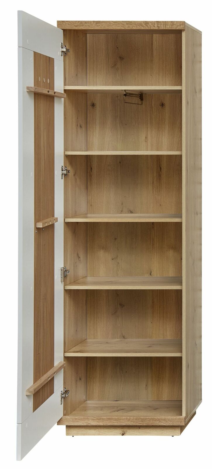 Offener Garderobenschrank aus Holz mit mehreren Regalböden, seitliche Perspektive.
