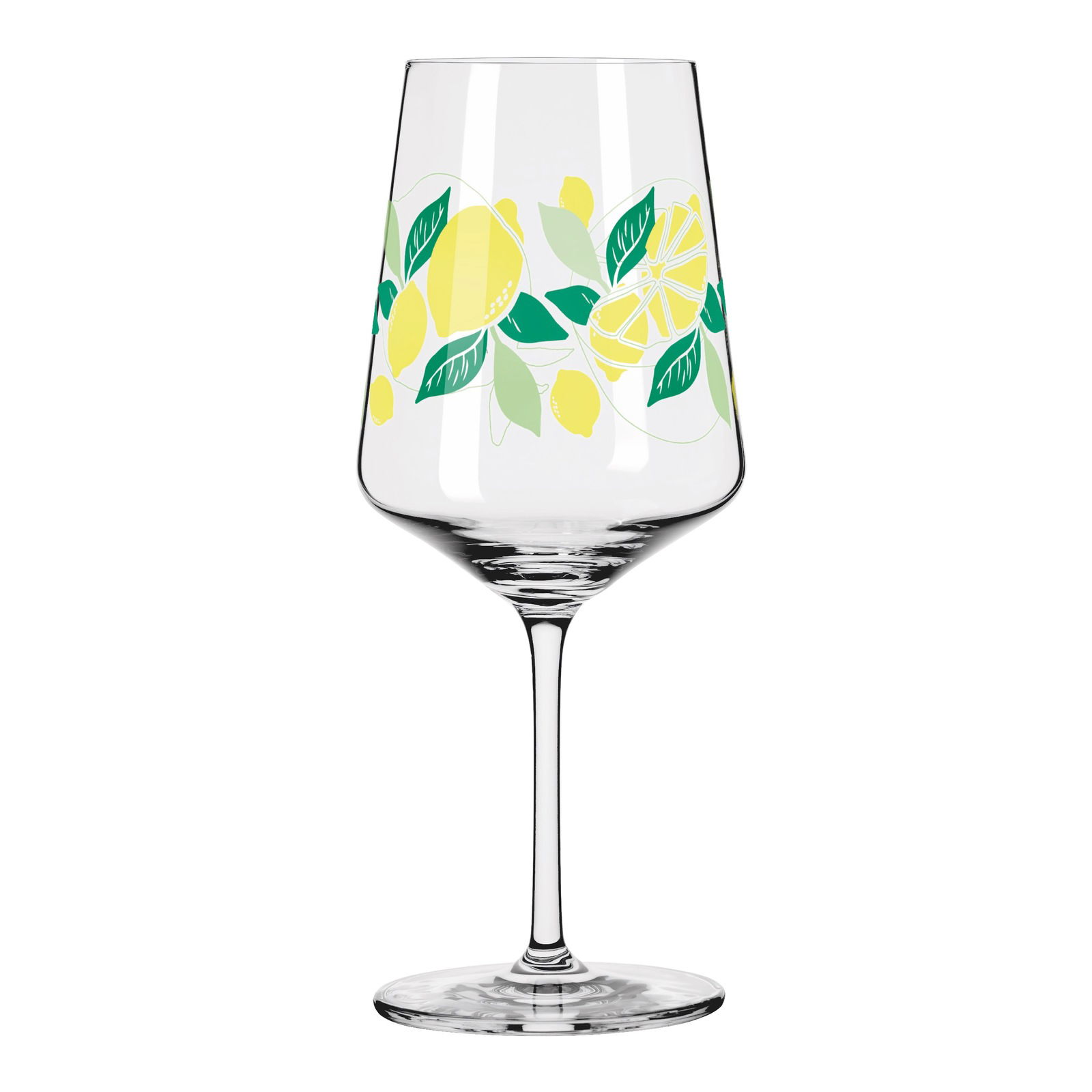 Weinglas mit Zitronenmotiv, seitliche Perspektive