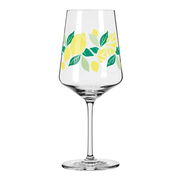 Weinglas mit Zitronenmotiv, seitliche Perspektive