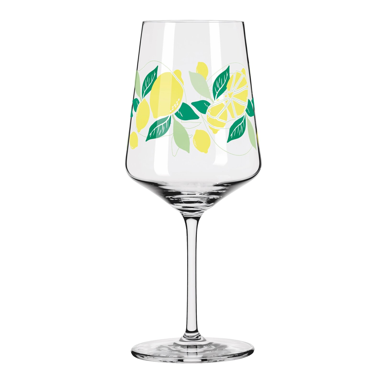 Weinglas mit Zitronenmotiv, seitliche Perspektive