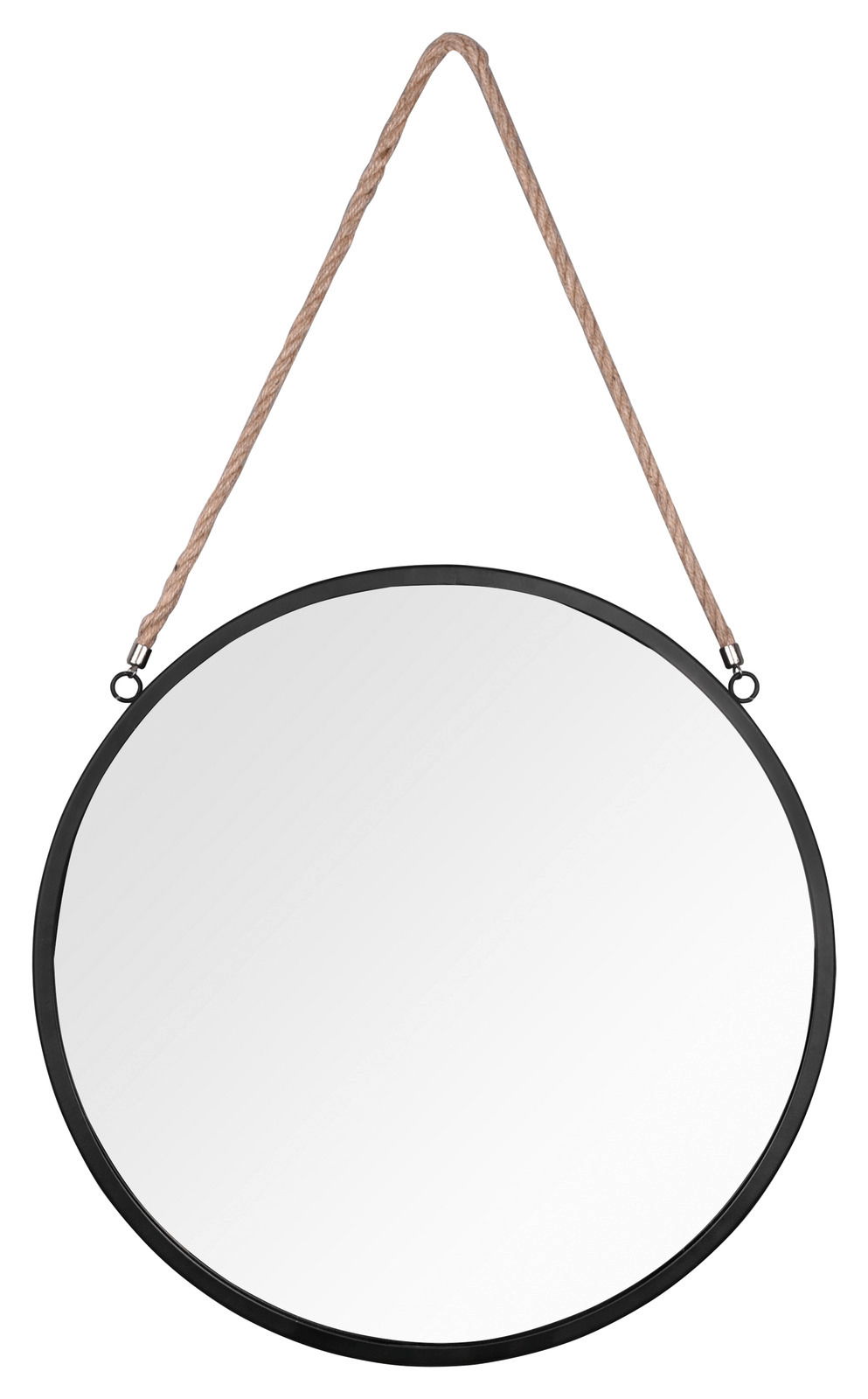 Runder Hängespiegel mit schwarzem Rahmen und Seilaufhängung, Frontalansicht