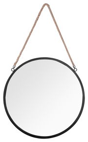 Runder Hängespiegel mit schwarzem Rahmen und Seilaufhängung, Frontalansicht