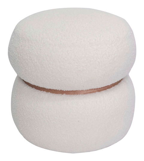 Weißer, runder Hocker mit weicher Textur und braunem Band in der Mitte, seitliche Perspektive