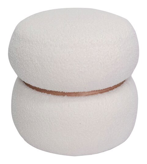 XORA Hocker SILVIA Weißer, runder Hocker mit weicher Textur und braunem Band in der Mitte, seitliche Perspektive