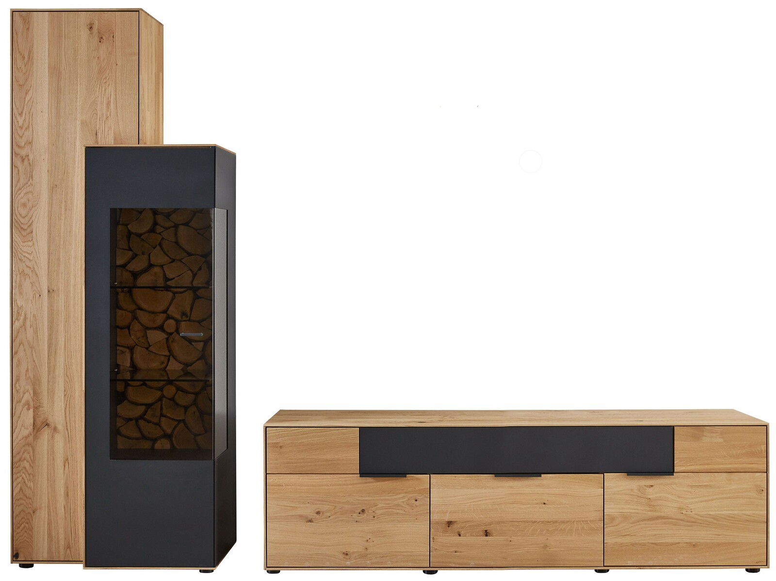 Moderne Wandkombination aus Holz und schwarzem Material, bestehend aus einem hohen Schrank mit Glastür und einem niedrigen Sideboard, frontal betrachtet.