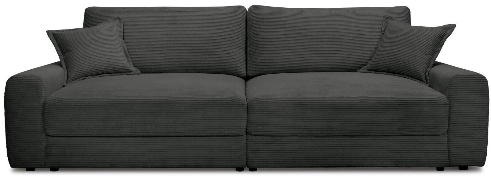Grote, donkergrijze big sofa met twee kussens, vooraanzicht