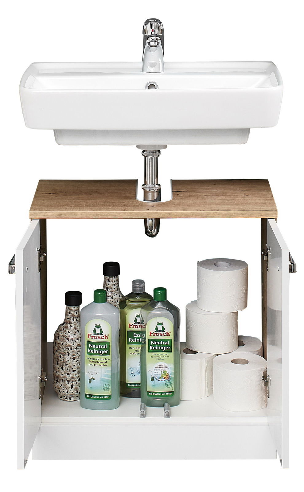 XORA Waschbeckenunterschrank XO1200 Waschbeckenunterschrank mit geöffneter Tür, gefüllt mit Reinigungsmitteln und Toilettenpapier, frontal betrachtet.