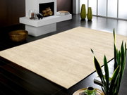Beiger Wollteppich in modernem Wohnzimmer mit dunklem Holzboden, Kamin und grünen Dekorvasen, aus seitlicher Perspektive fotografiert.