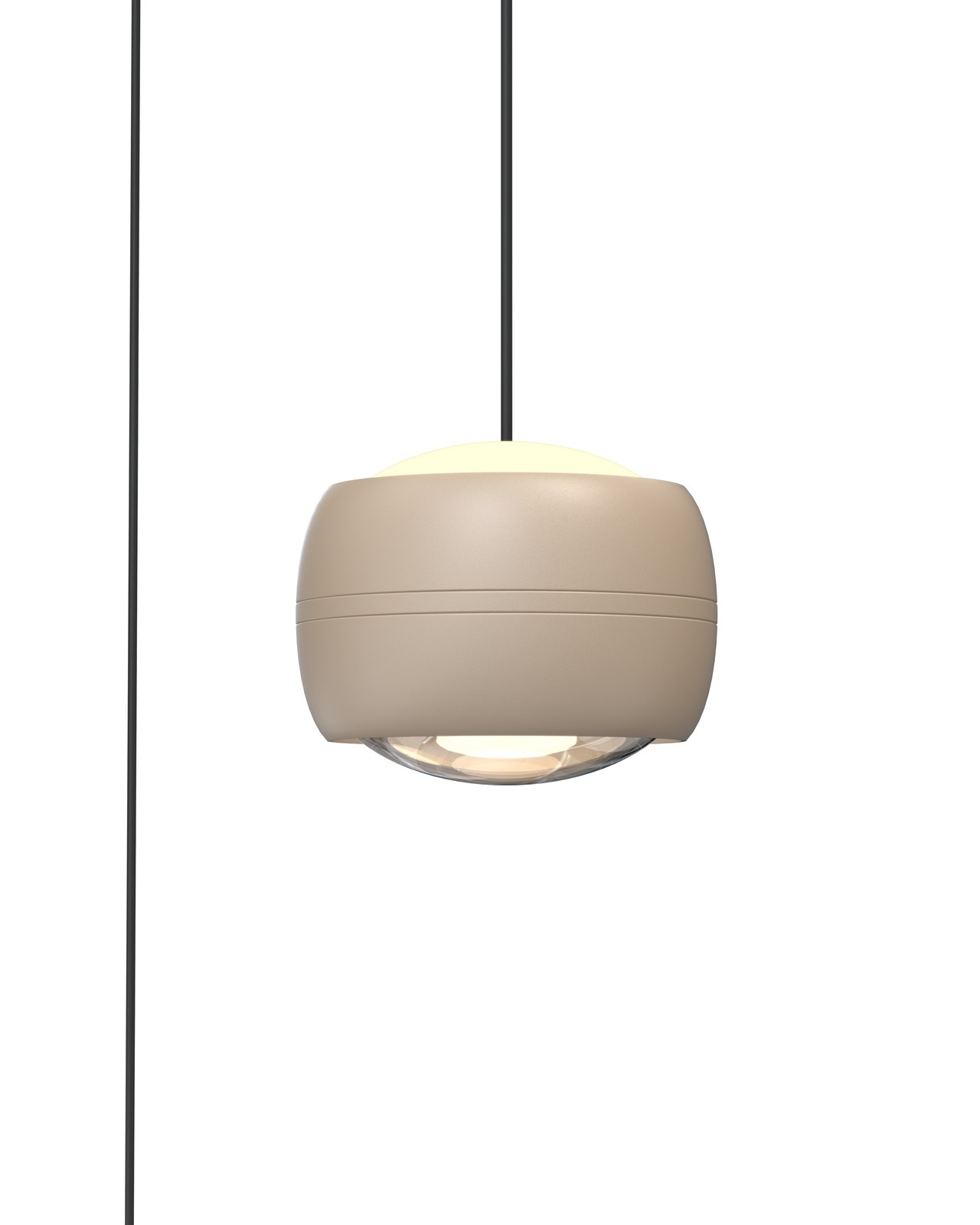 Moderne LED-Pendelleuchte in Beige, seitliche Perspektive