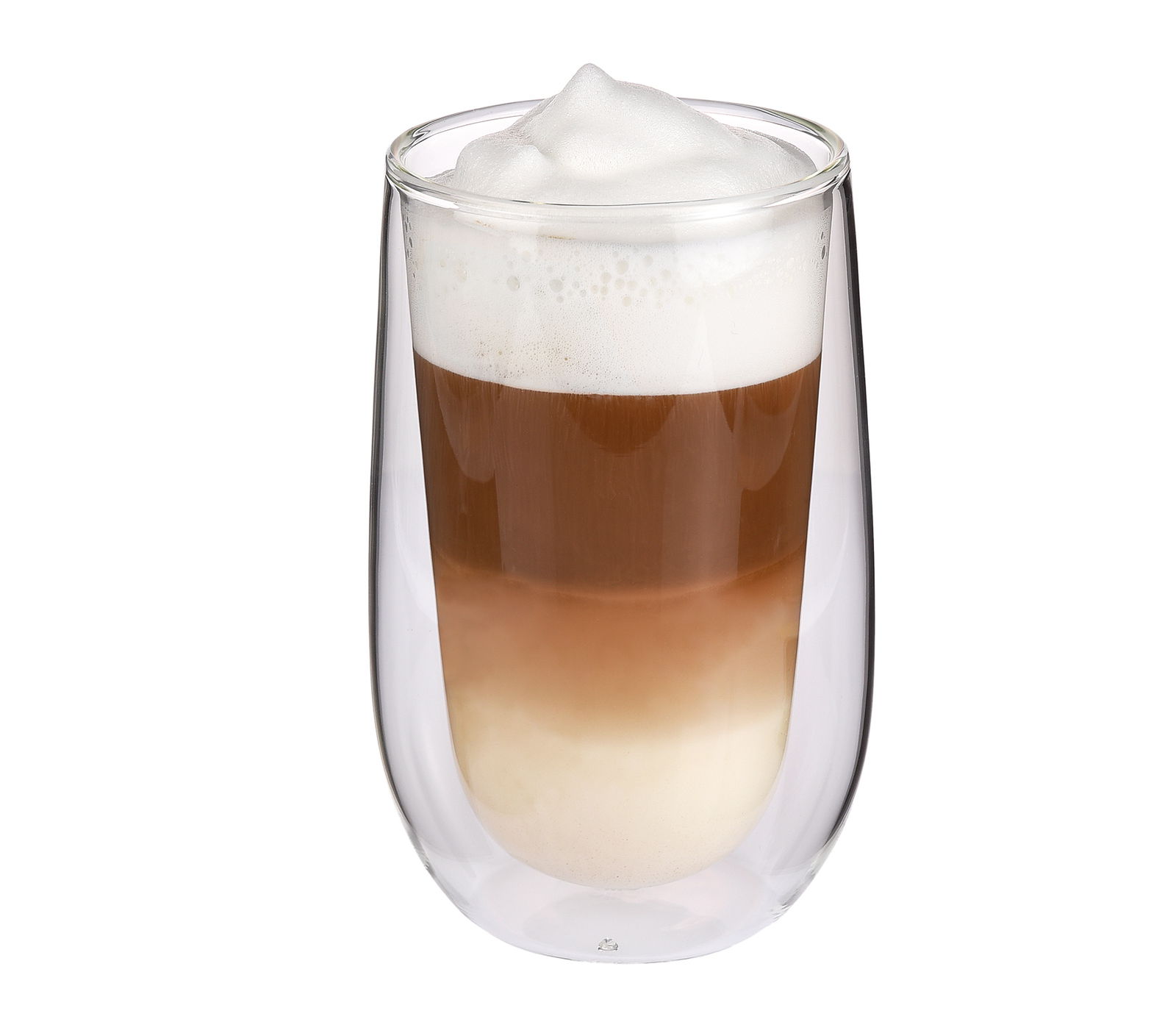 Doppelwandiges Latte Macchiato Glas mit Schaumkrone, seitliche Perspektive