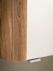 Detailansicht aus schräger Frontperspektive: moderne Möbel- bzw. Schrankfront mit Holzseiten in natürlicher Maserung, weißer Tür/Front und silbernem Griff