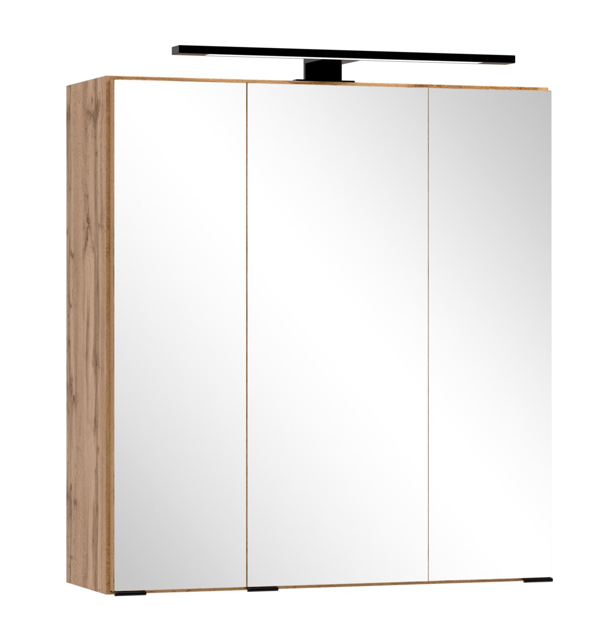 XORA Spiegelschrank 60 cm LIVERPOOL Moderner Spiegelschrank mit drei Türen und Holzrahmen, seitliche Perspektive