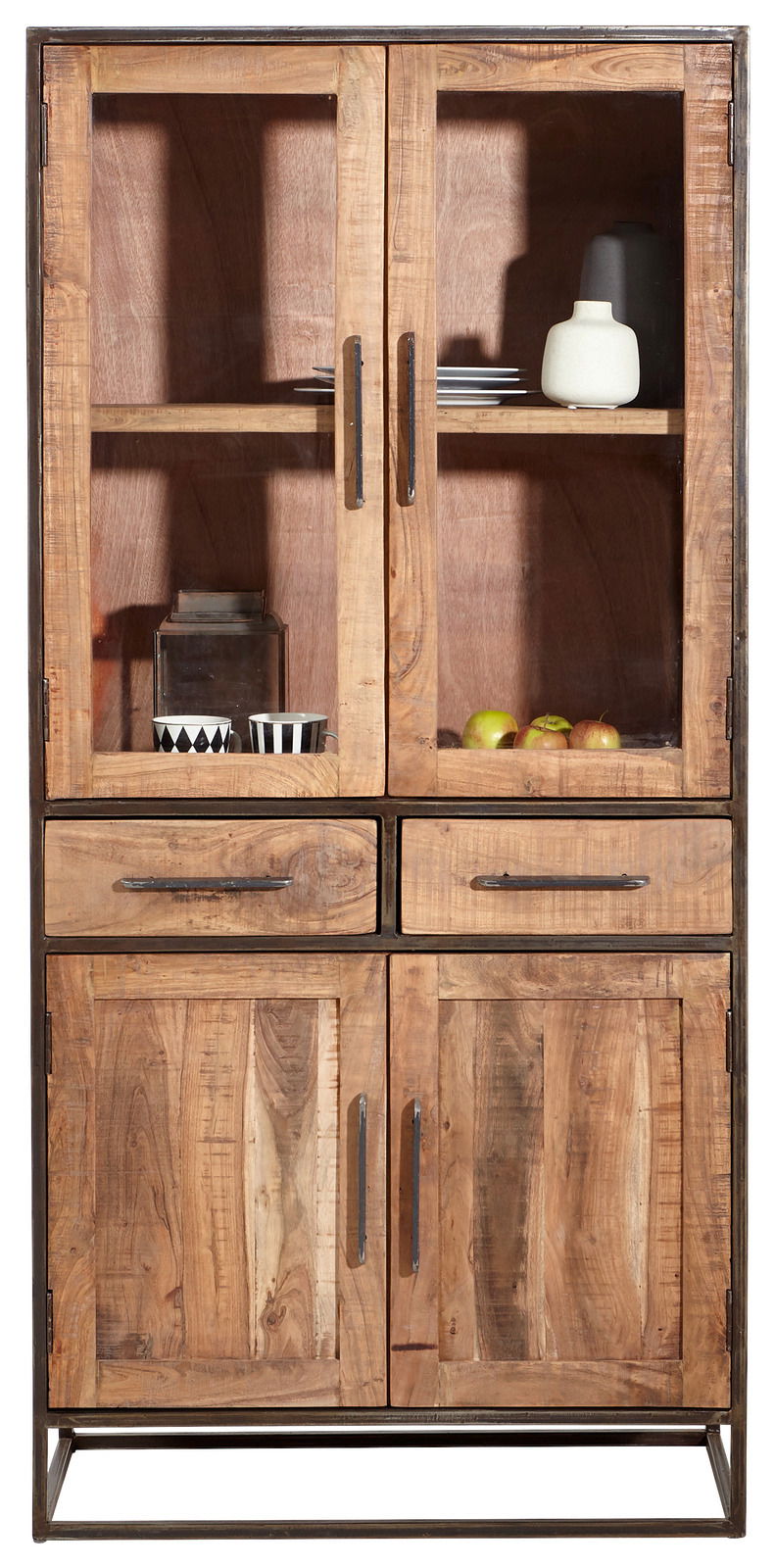 Vitrine aus Holz mit Glasfronten, zwei Schubladen und vier Türen, frontal fotografiert.