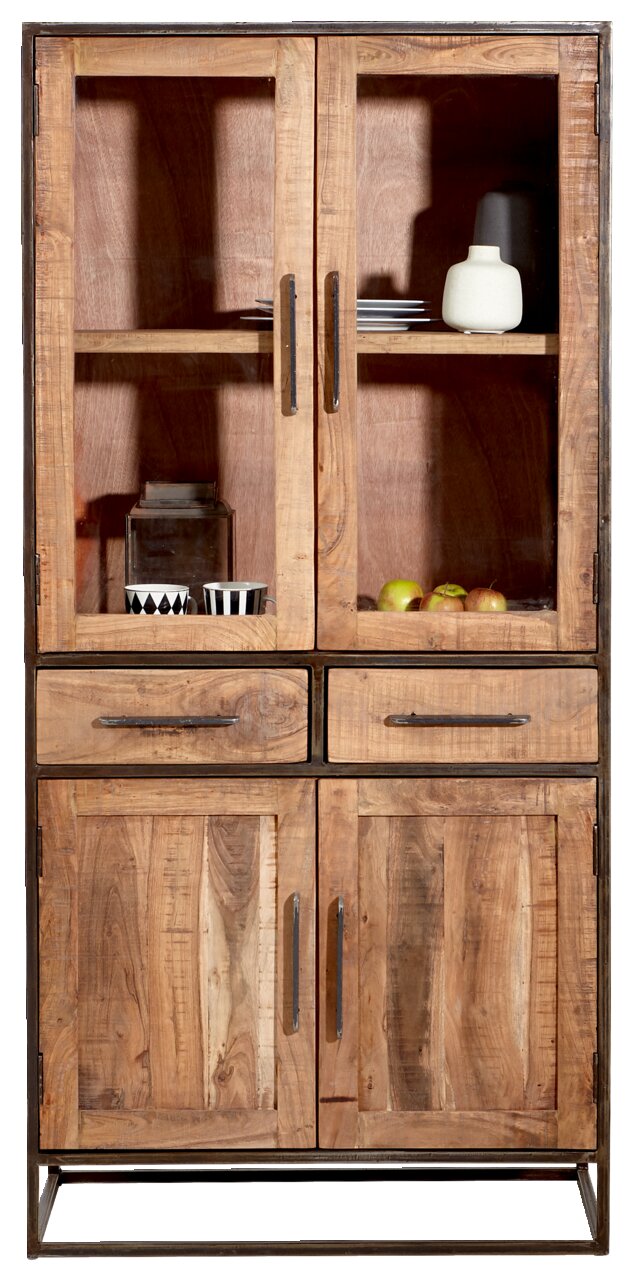 Vitrine aus Holz mit Glasfronten, zwei Schubladen und vier Türen, frontal fotografiert.