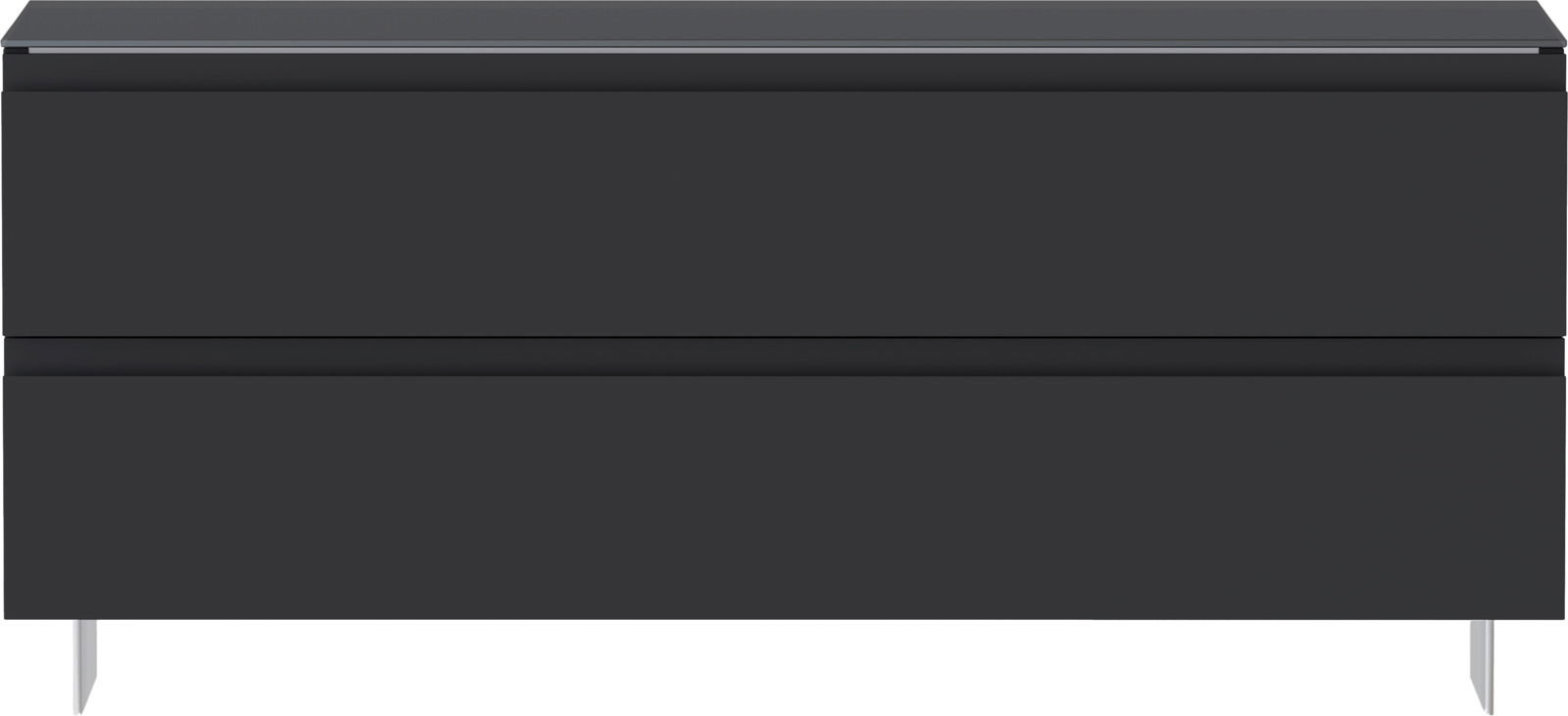 Frontansicht eines modernen, dunkelgrauen Schuhschranks mit zwei Schubladen und schlanken Metallbeinen.