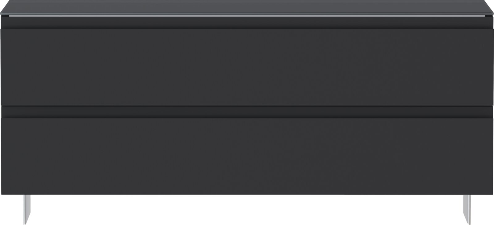 Frontansicht eines modernen, dunkelgrauen Schuhschranks mit zwei Schubladen und schlanken Metallbeinen.