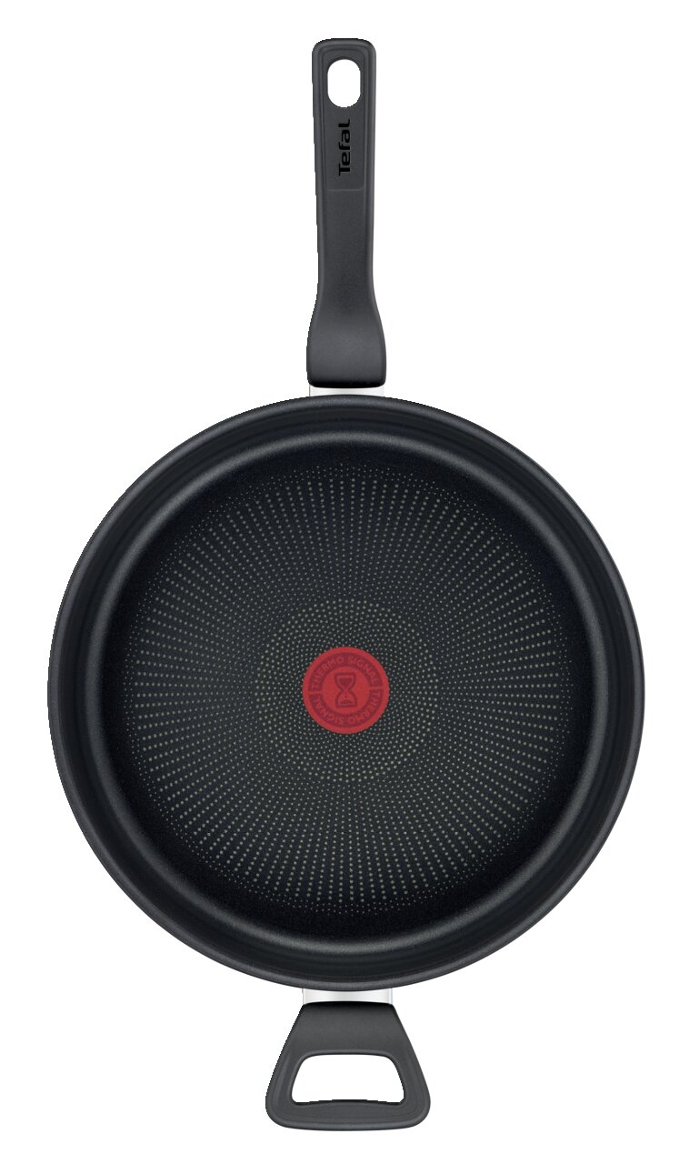 Schmorpfanne Titanium 28 cm von oben mit schwarzem Griff und rotem Thermo-Signal in der Mitte.