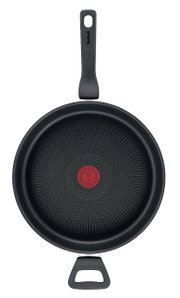 Schmorpfanne Titanium 28 cm von oben mit schwarzem Griff und rotem Thermo-Signal in der Mitte.