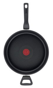 Schmorpfanne Titanium 28 cm von oben mit schwarzem Griff und rotem Thermo-Signal in der Mitte.