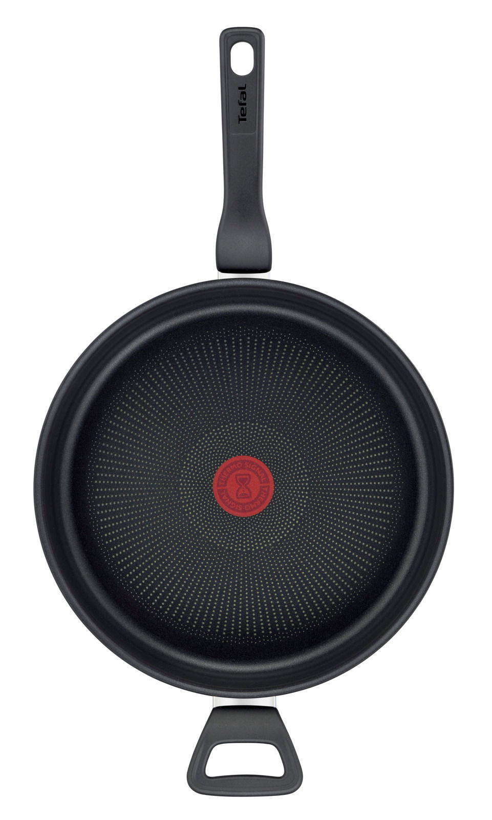 Schmorpfanne Titanium 28 cm von oben mit schwarzem Griff und rotem Thermo-Signal in der Mitte.