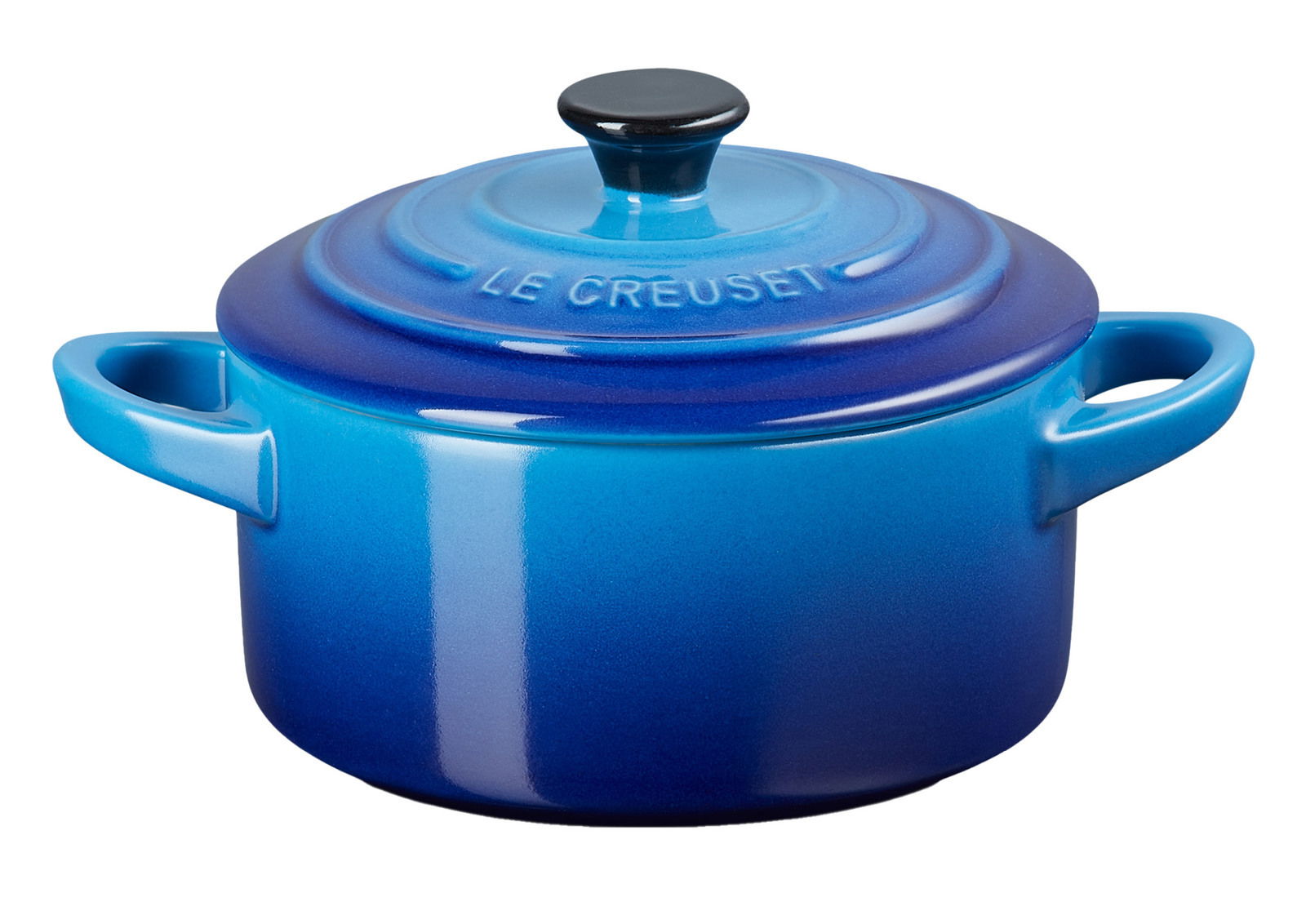 Blaue Mini Cocotte von Le Creuset mit Deckel, seitliche Perspektive