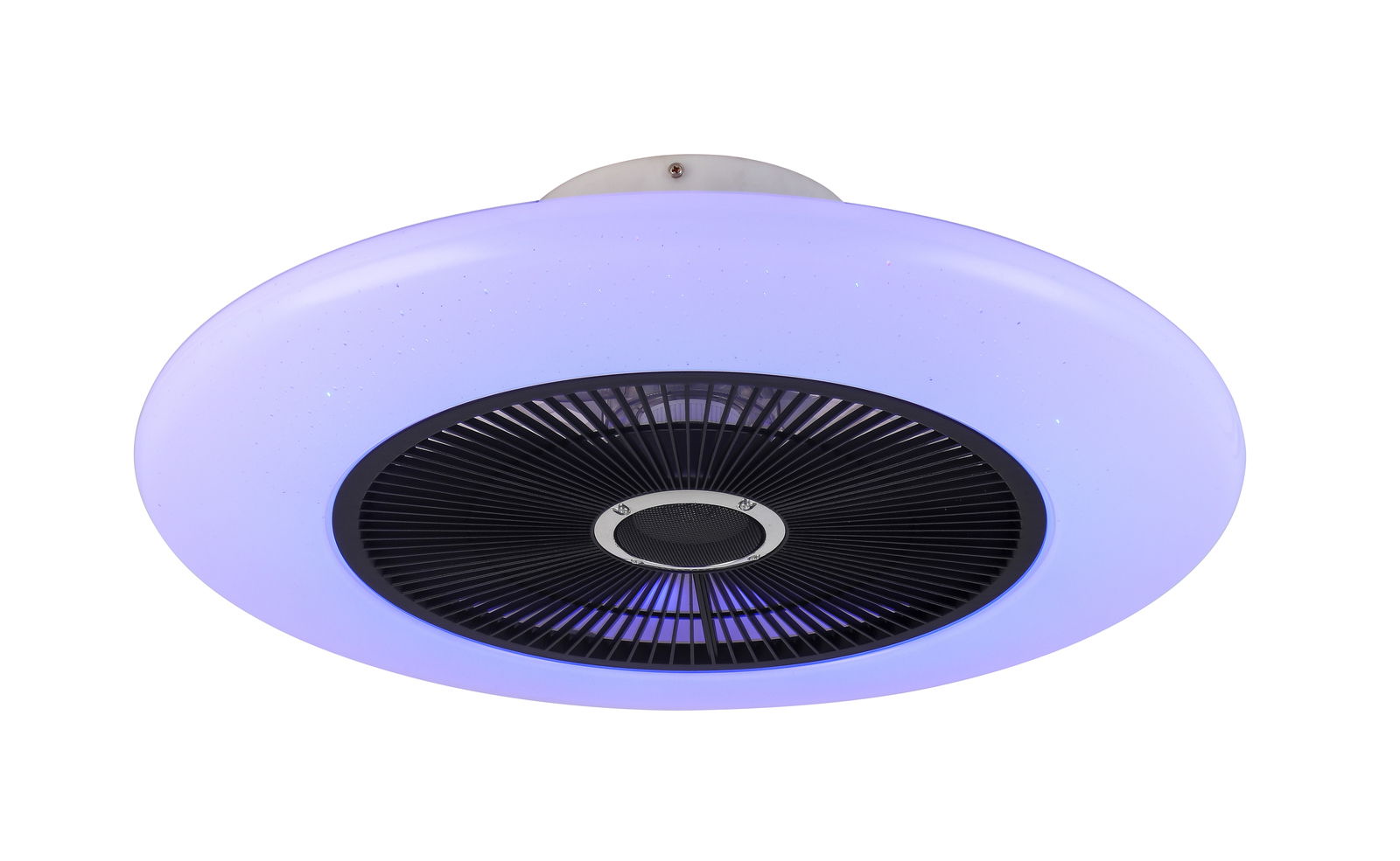 Moderner Deckenventilator mit lila Beleuchtung, Ansicht von unten