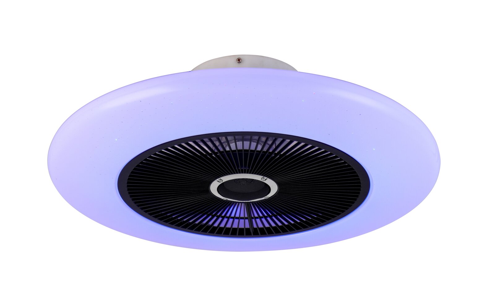 Moderne plafondventilator met paarse verlichting, gezien van onderaf