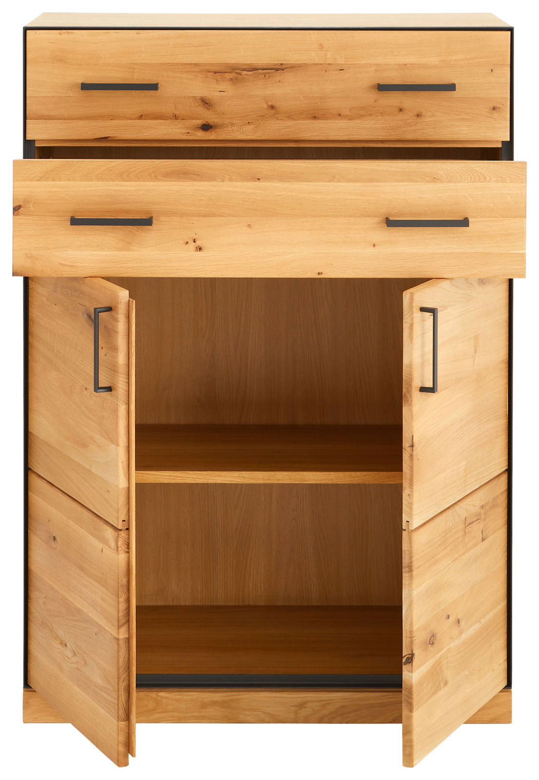 Hochkommode aus Holz mit zwei Schubladen und zwei offenen Türen, frontal betrachtet.