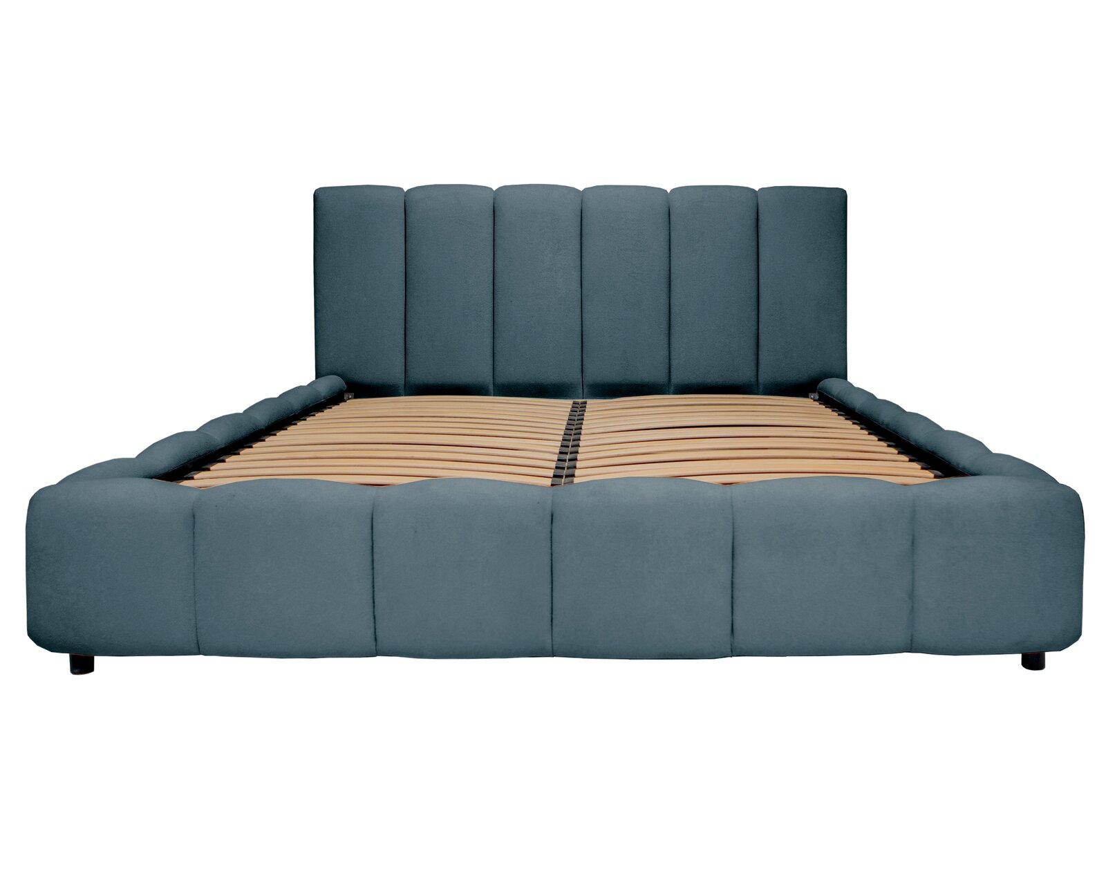 Frontale Ansicht eines modernen Polsterbettgestells in Blau mit gepolstertem Kopfteil und Lattenrost.