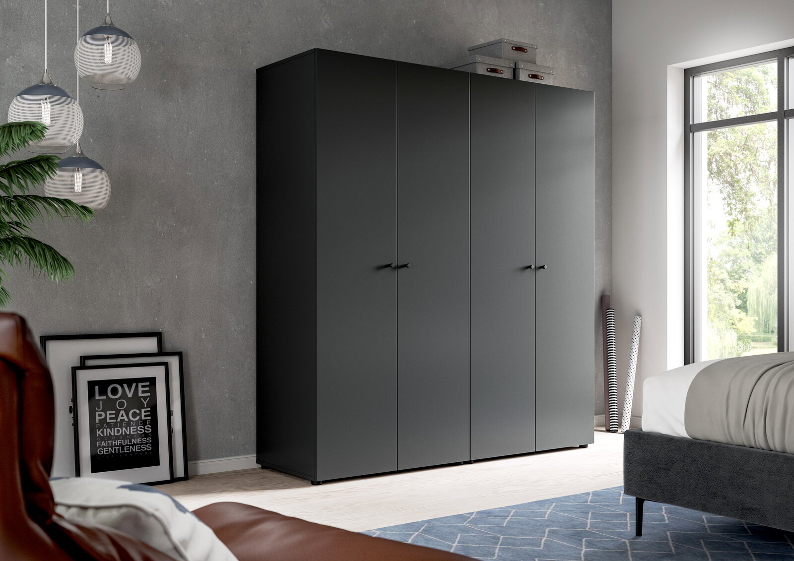 Moderner, mattgrauer Kleiderschrank mit vier Türen und minimalistischen Griffen im Schlafzimmer, schräg von vorne aus leicht linker Perspektive fotografiert.