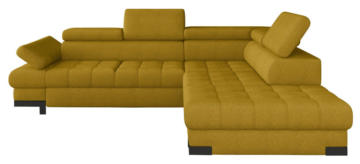 Gelbes Ecksofa SELVA von Welnova in moderner Wohnzimmerumgebung, Perspektive von vorne.