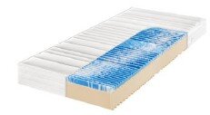 Sembella Matratzen/Rahmen-Set H2 SET HIGHFLEX TOP KF Weiße Matratze mit blauem Gel-Kühlstreifen auf beigem Kern, schräg von oben in Perspektive dargestellt