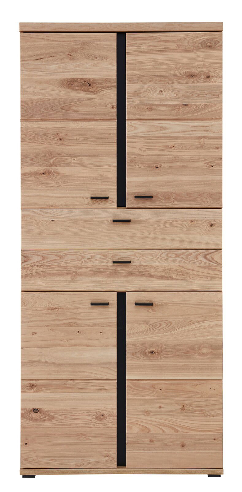 Vorderansicht eines hölzernen Aktenschranks mit mehreren Schubladen und Türen, natürliche Holzmaserung sichtbar.