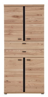 Vorderansicht eines hölzernen Aktenschranks mit mehreren Schubladen und Türen, natürliche Holzmaserung sichtbar.