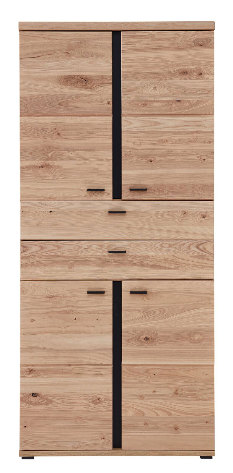 Vorderansicht eines hölzernen Aktenschranks mit mehreren Schubladen und Türen, natürliche Holzmaserung sichtbar.