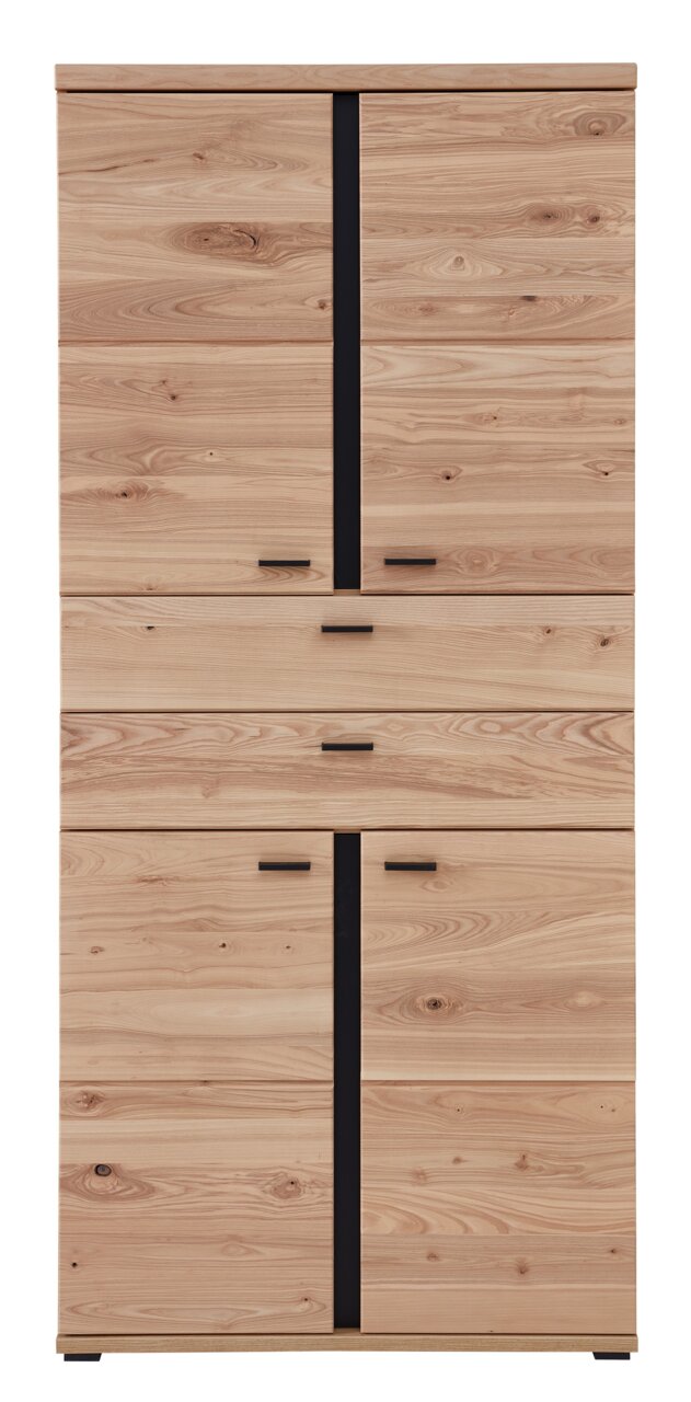 Vorderansicht eines hölzernen Aktenschranks mit mehreren Schubladen und Türen, natürliche Holzmaserung sichtbar.