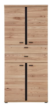 Vorderansicht eines hölzernen Aktenschranks mit mehreren Schubladen und Türen, natürliche Holzmaserung sichtbar.