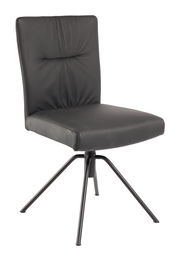 Moderner schwarzer Stuhl mit gepolsterter Rückenlehne und Sitzfläche, auf einem stabilen Metallgestell, seitliche Perspektive.