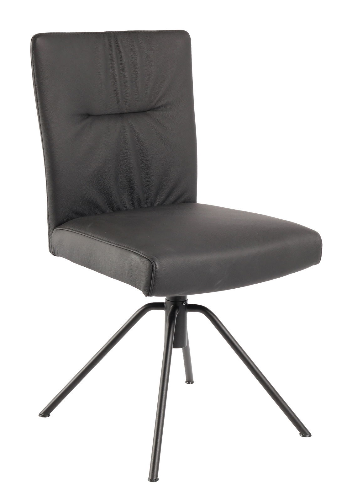 Moderner schwarzer Stuhl mit gepolsterter Rückenlehne und Sitzfläche, auf einem stabilen Metallgestell, seitliche Perspektive.