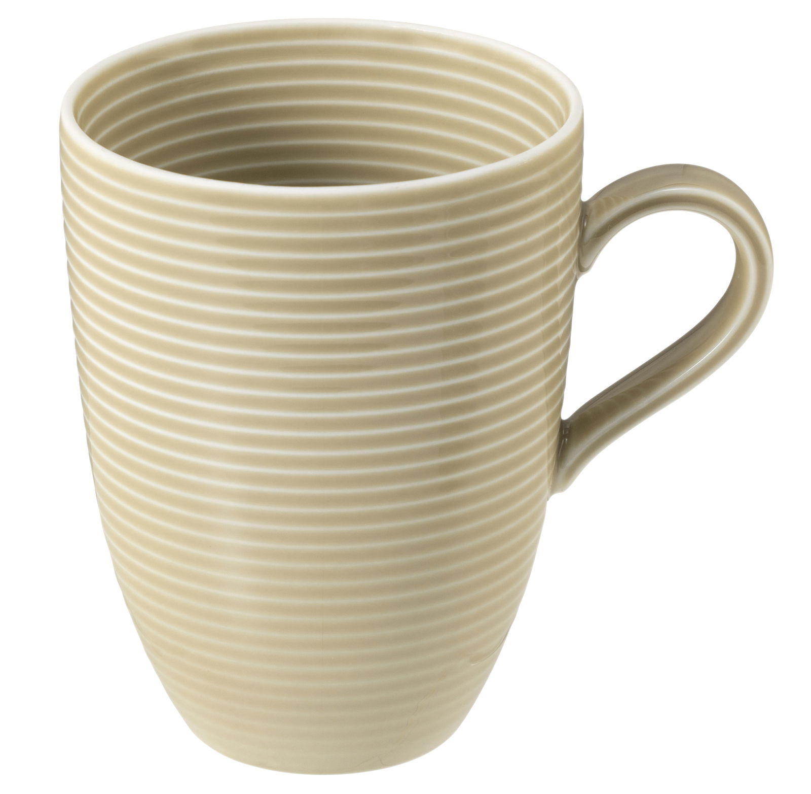 Becher mit Henkel, 0,35l, beige, mit horizontalen Rillen, seitliche Perspektive