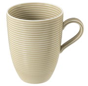 Becher mit Henkel, 0,35l, beige, mit horizontalen Rillen, seitliche Perspektive