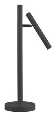 Seitenansicht einer modernen, schwarzen Akku-Tischleuchte mit zylindrischem Design und verstellbarem Leuchtenkopf.
